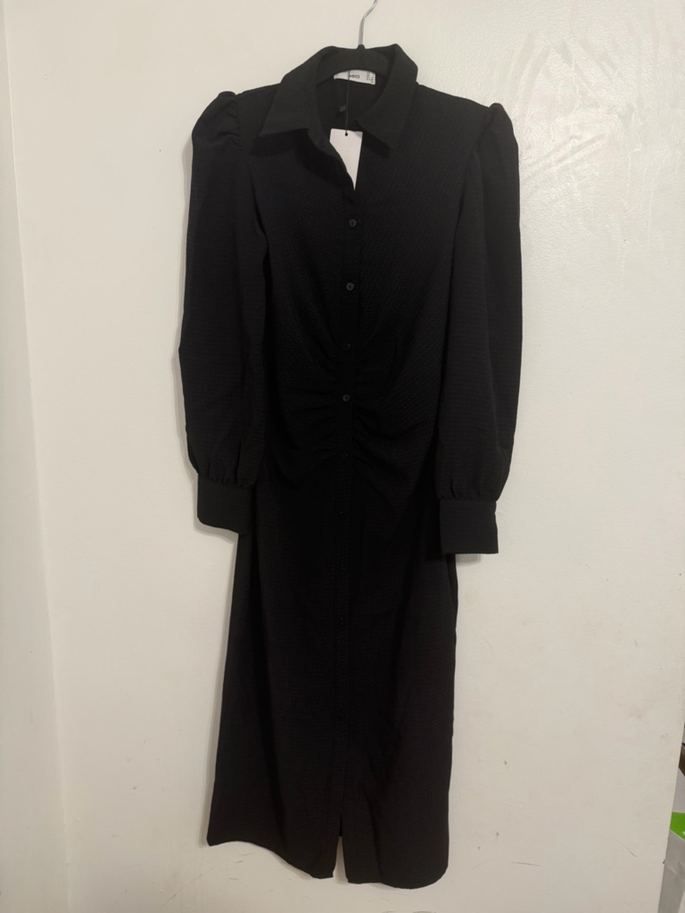 Mango Black Midi Button-Front Dress with Puff Sleeves